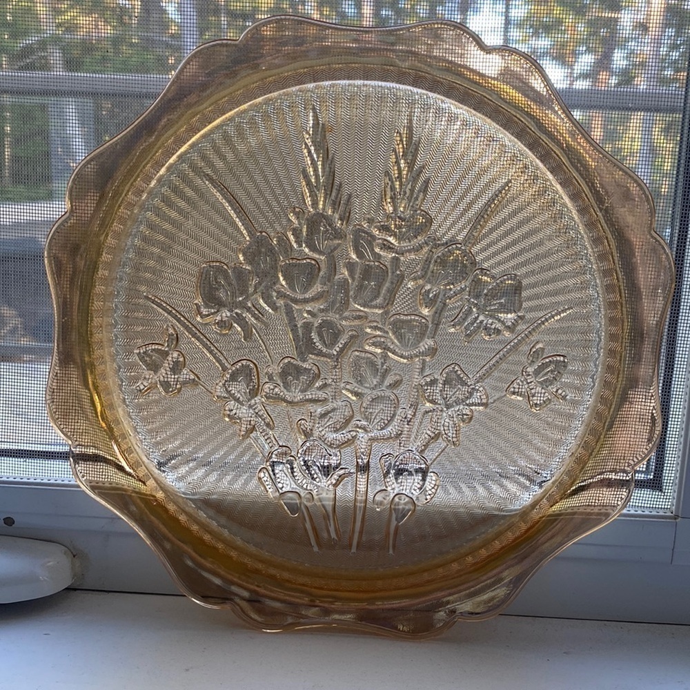 Vintage Jeannette Marigold Carnival Iris & Herringbone 12" Round Plate Platter